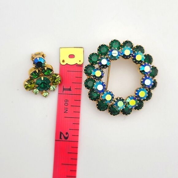 Gorgeous Vintage Austrian Green AB Rhinestone Brooch Pin an Earrings Set, - Picture 7 of 7